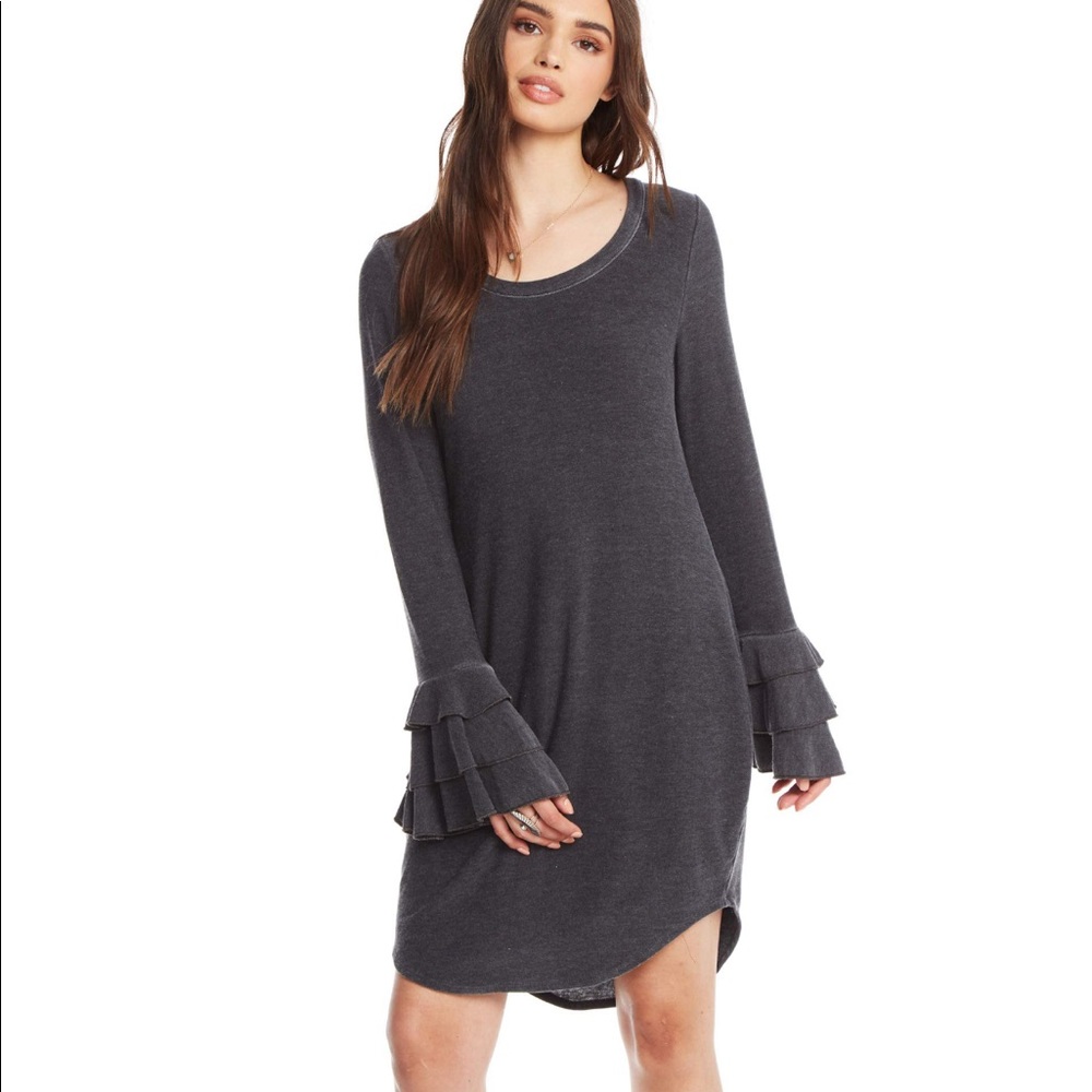 Chaser Cozy Knit Tiered Ruffle Sleeve Shirttail Dress, XS